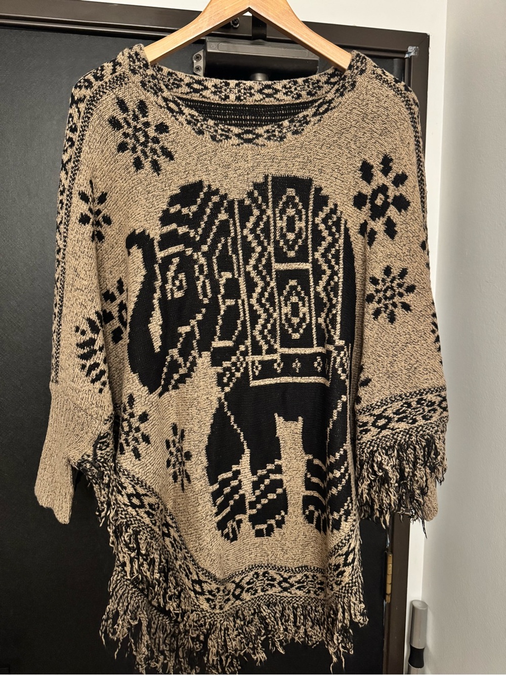 Women’s Beige and Black Elephant Knit Sweater Poncho